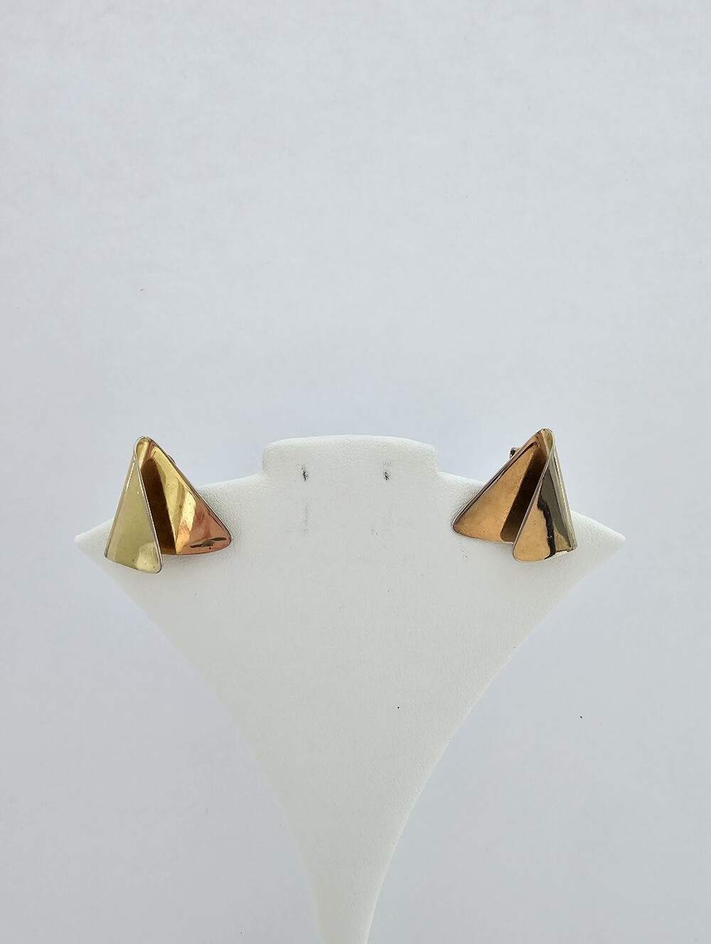 Vintage 1980s Modernist Folded Triangle Clip-On Earrings Gold Tone Architectural